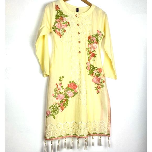 Bend the Trend | Yellow Tunic Blouse Long Sleeve Top Beads Embroidery Tassels - Picture 1 of 11